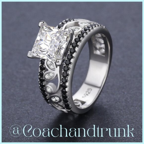 Square Princess Cut Sterling Silver Hallmark Black Spinel & Diamond Ring Size 6 - Picture 2 of 4